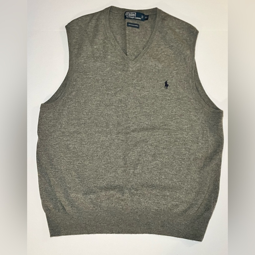 Ralph Lauren Gray V-Neck Lightweight  Vest 100% Merino Wool Sz Large Mens